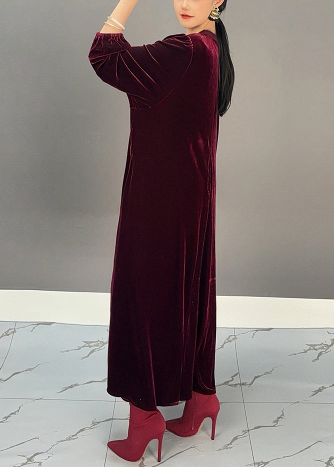 Loose Purple Red O Neck Silk Velour Maxi Dress Fall