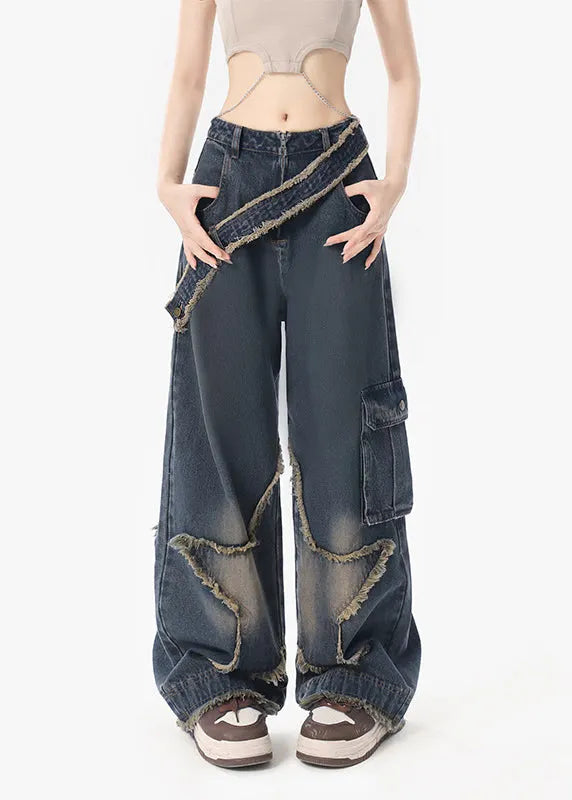 American Retro Design With Star Ruffled Denim Straight Pants Autumn