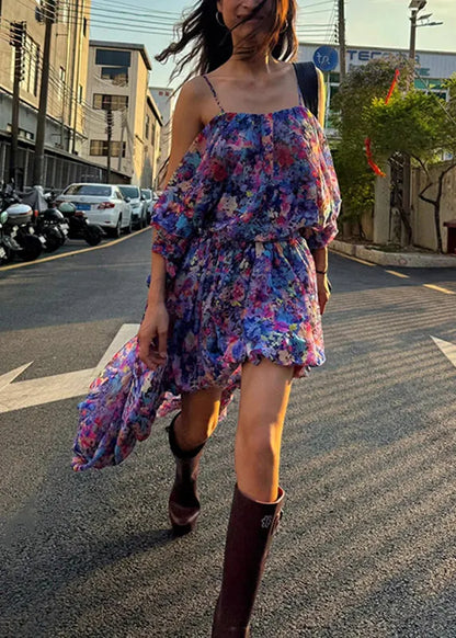 Beach Purple Print Vest and Asymmetrical Skirts Two Pieces Set Sleeveless