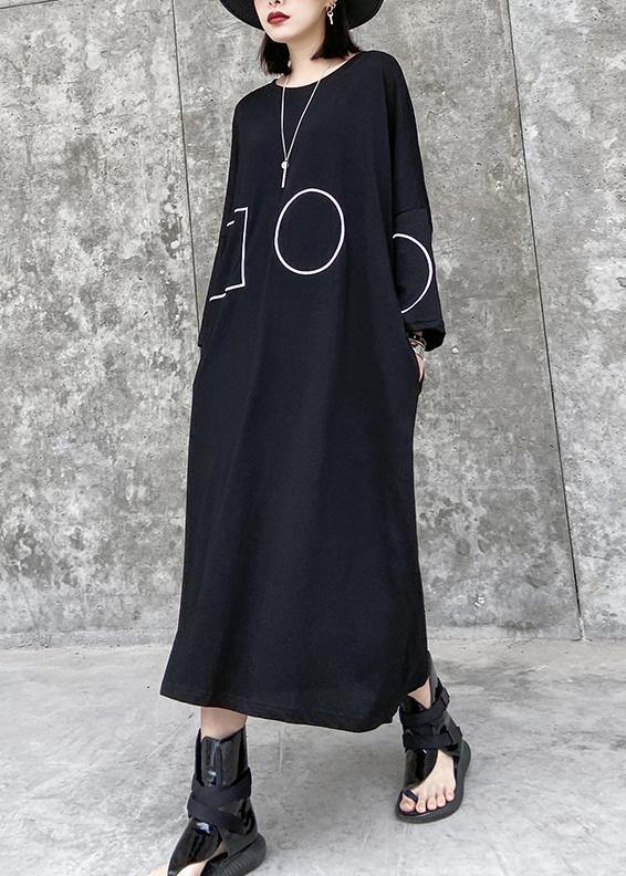 French Black-flower Tunics for O Neck Pockets a Line Dress