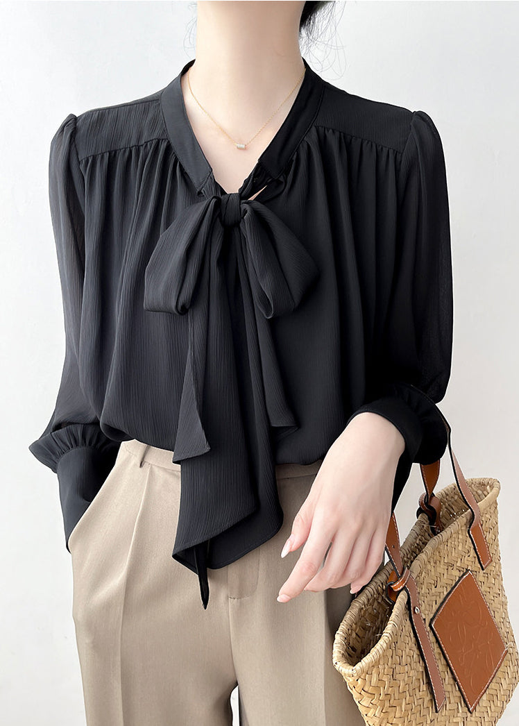 Black Draping Chiffon Shirt Top Bow Spring