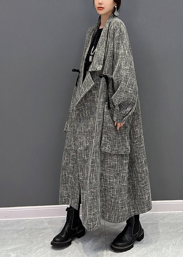 Grey Notched Plaid Button Trench Coats Fall