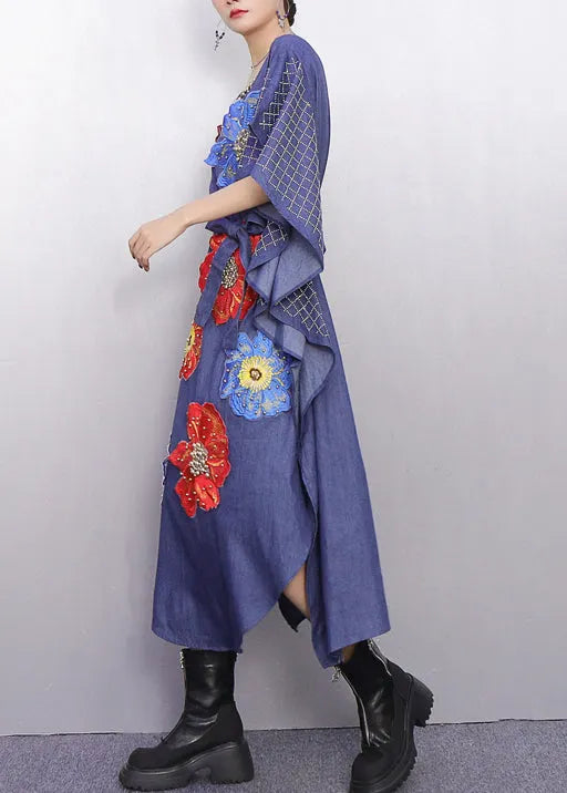 Fitted Denim Blue Nail Bead Maxi Dresses Batwing Sleeve