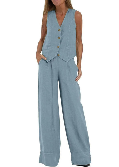 Loose Green V Neck Button Waistcoat and Pants Linen Two Piece Set Sleeveless