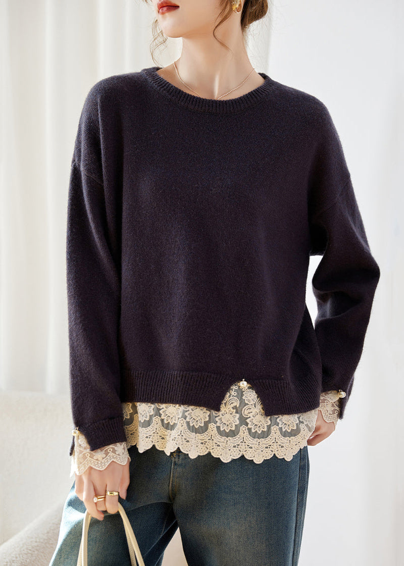 Deep Purple Lace Patchwork Cotton Knit Sweaters Fall