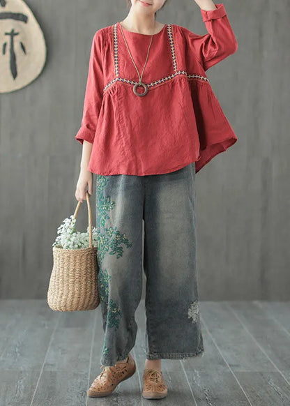 Blue Embroideried Cotton Ripped Jeans Pants Fall