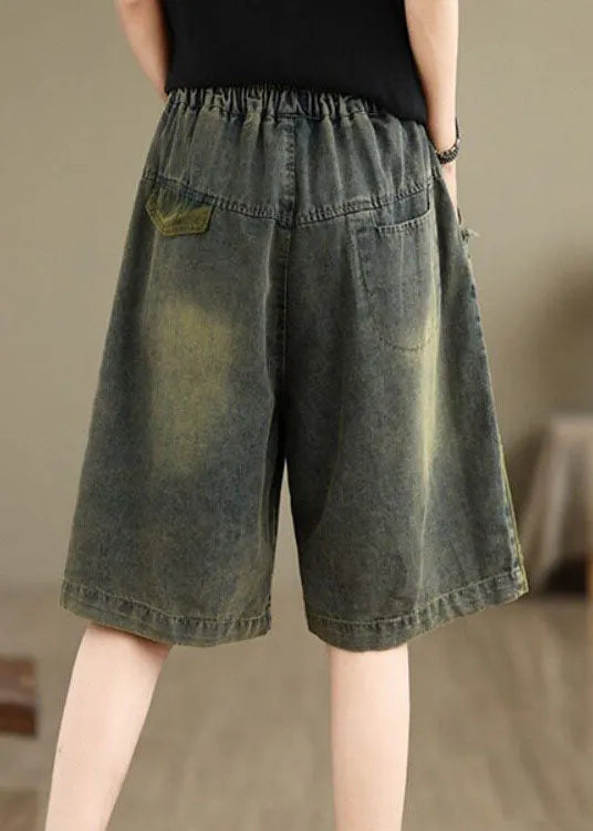 Summer Loose Embroidered Elastic Waist Denim Shorts