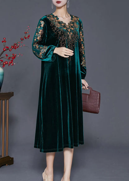 Green Embroideried Hollow Out Silk Velour Dress Fall