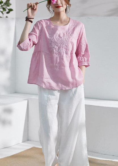 Art Pink O-neck Embroideried Patchwork Summer Ramie Shirt Top Half Sleeve