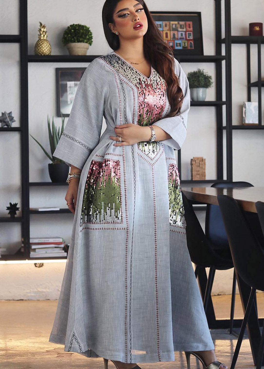 New Grey Style Sequined Embroidered V Neck Long Dress