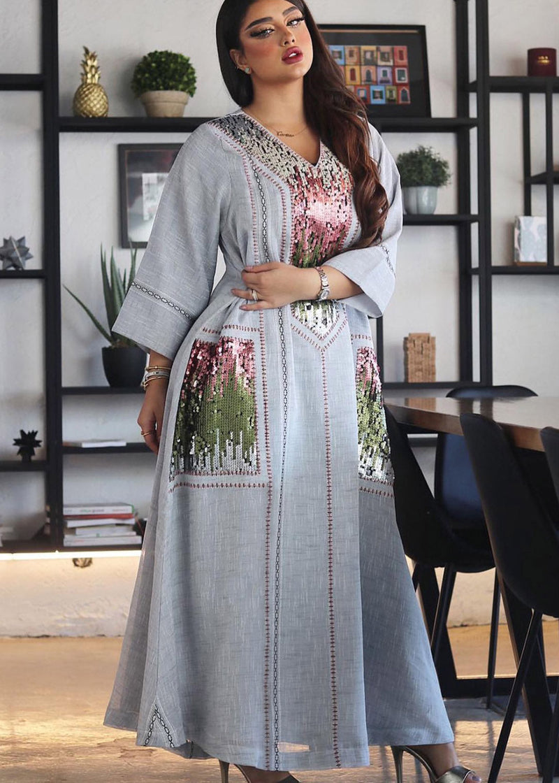 New Grey Style Sequined Embroidered V Neck Long Dress