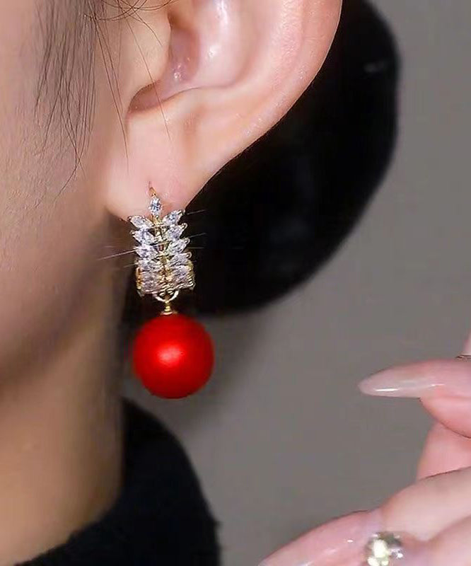 Diy Red Copper Alloy Zircon Gem Stone Drop Earrings