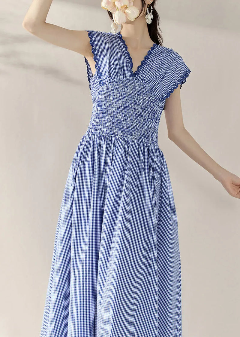 Fitted Blue V Neck Plaid Elastic Waist Holiday Long Dress Summer