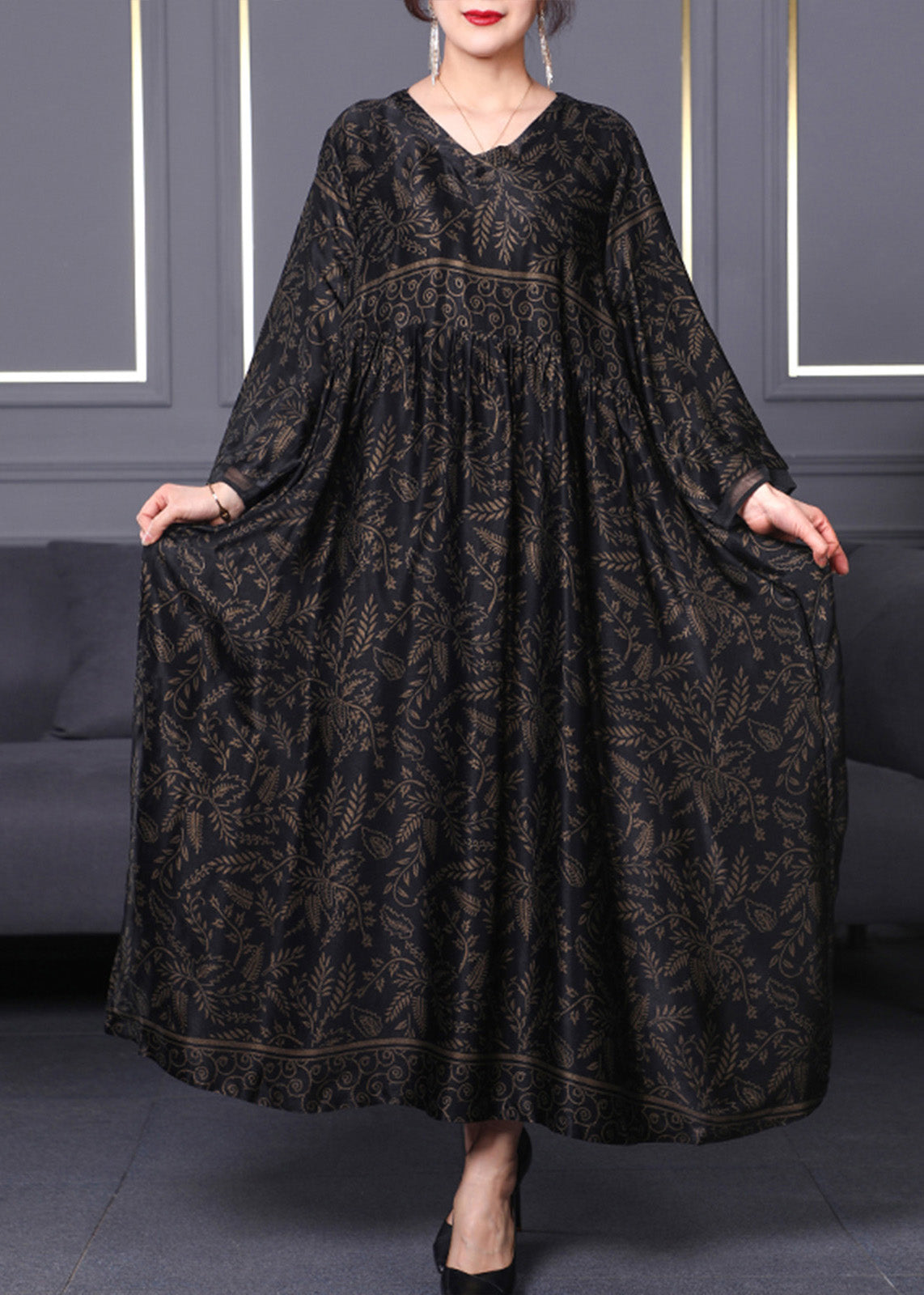 Black O-neck Print Silk Maxi Dress Long Sleeve