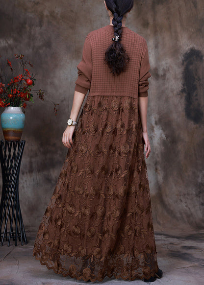 French Chocolate O-neck Embroideried Lace Patchwork Knit Maxi Dress Long Sleeve