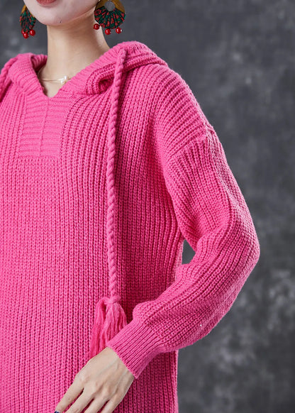 Diy Rose Hooded Drawstring Knit Pullover Sweatshirt Dress Fall