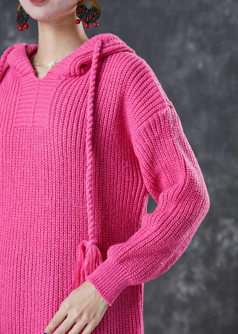 Diy Rose Hooded Drawstring Knit Pullover Sweatshirt Dress Fall