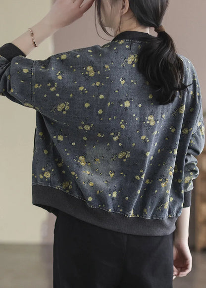 Grey V Neck Print Cotton Denim Coats Spring