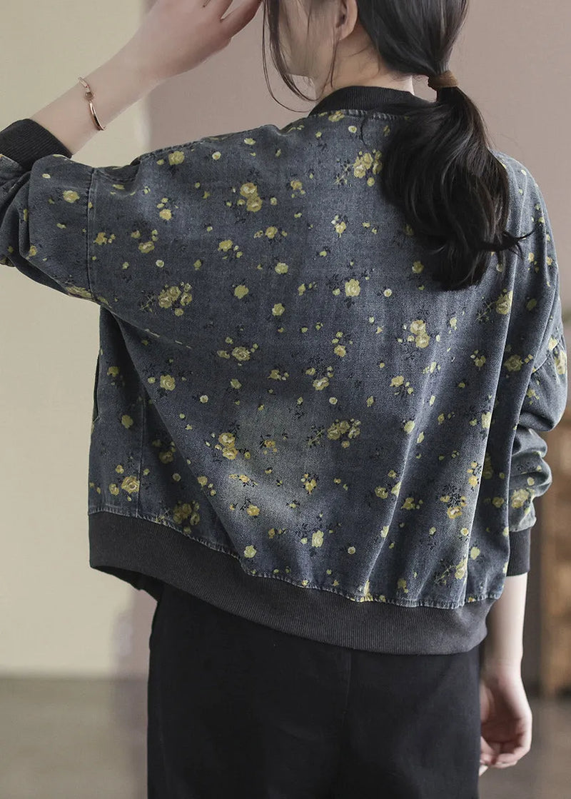 Grey V Neck Print Cotton Denim Coats Spring