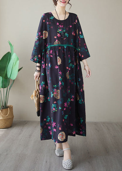 Navy Print Maxi Dresses Long Sleeve