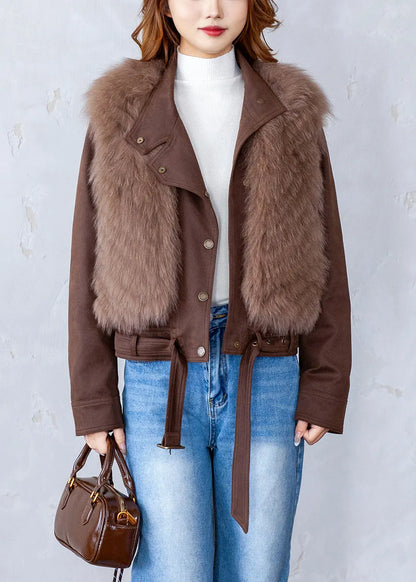 Coffee V Neck Warm Leather and Fur Waistcoat Winter