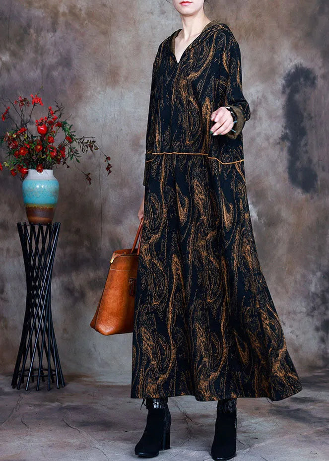 Chocolate Hooded Print Woolen Party Dress Spring
