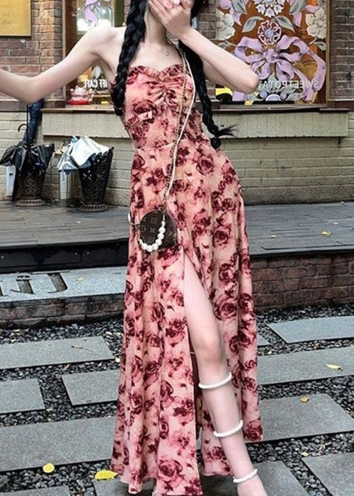 Red Ruffled Lace Up Print Cotton Long Dresses Sleeveless