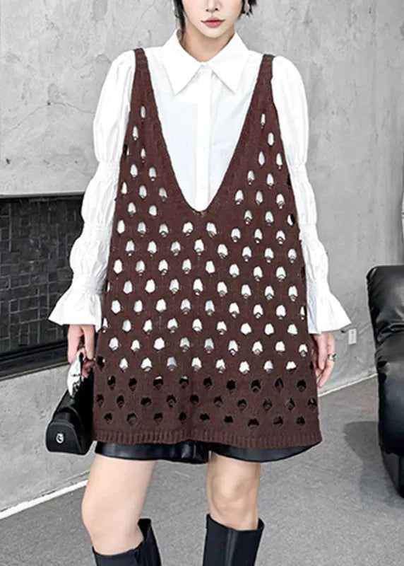 Coffee V Neck Hollow Out Cotton Knit Waistcoat Sleeveless