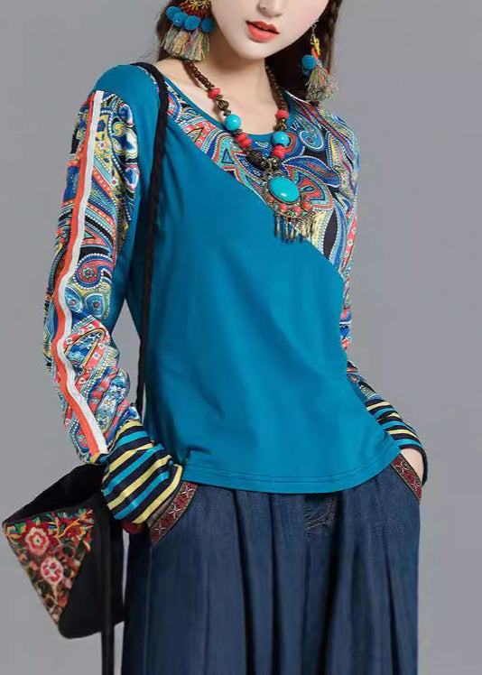 Blue O Neck Print Patchwork Cotton Tops Spring