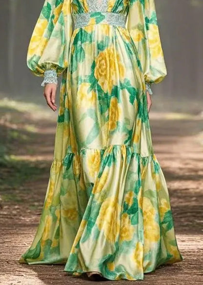 Green Print High Waist Silk Maxi Dress V Neck Spring