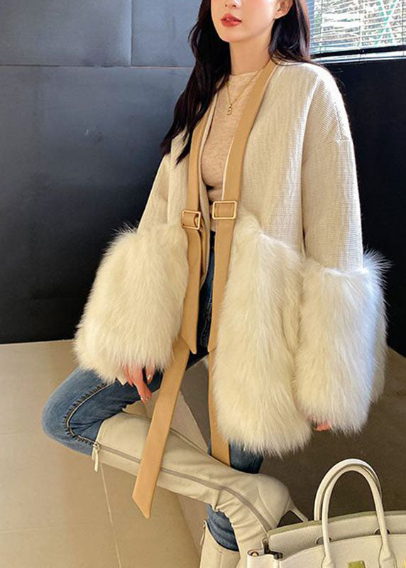 Classy Khaki V Neck Fuzzy Fur Fluffy Patchwork Leather and Fur Coat Long Sleeve