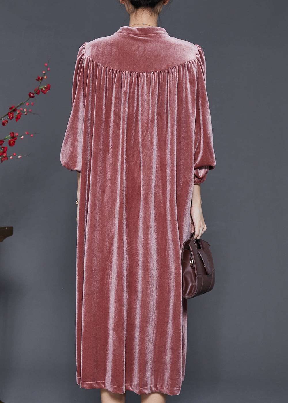 Diy Brick Red Stand Collar Oversized Silk Velour Dress Spring