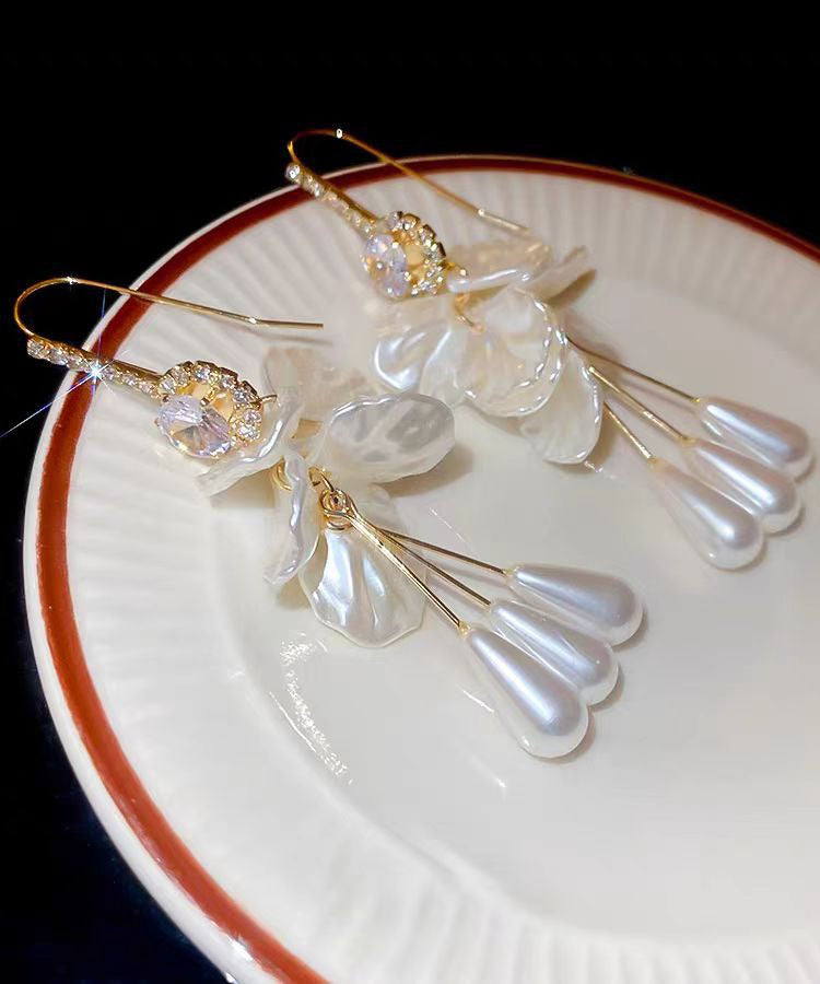 White Copper Acrylic Zircon Pearl Shell Tassel Drop Earrings