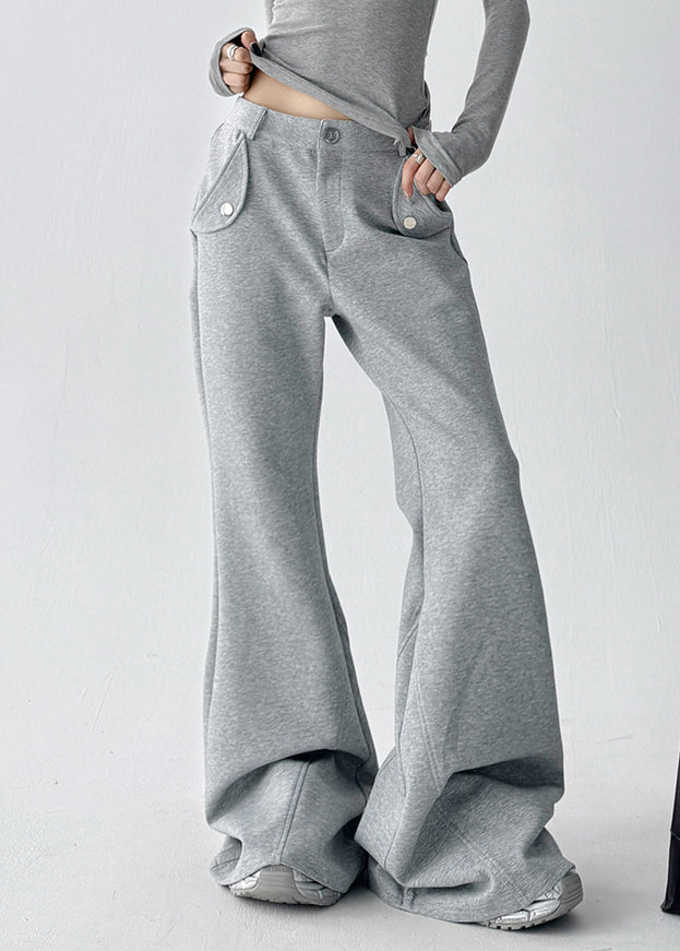 Grey Pockets Patchwork Cotton Flared Trousers Fall