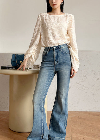 Beige Tasseled Patchwork Cotton Shirts Top Fall