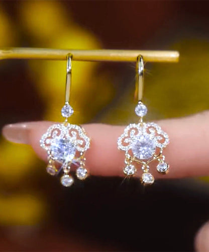 Gold Sterling Silver Overgild Zircon Safety Lock Tassel Drop Earrings