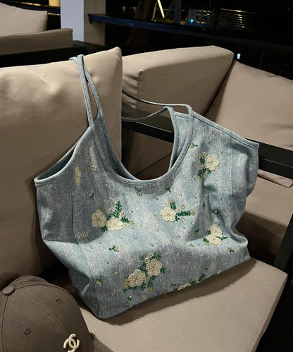 Blue Embroideried Large Capacity Denim Shoulder Bag