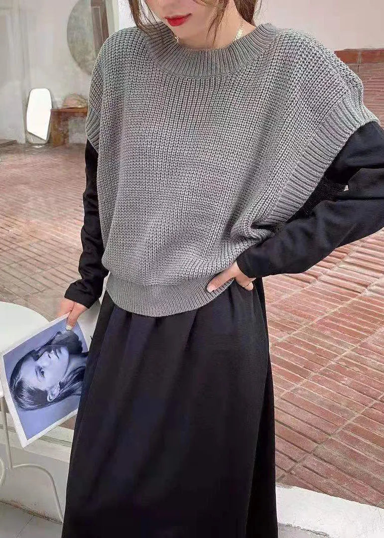 Classy Khaki Knit Vest and O-neck Long Dresses Cotton Two Piece Set Spring