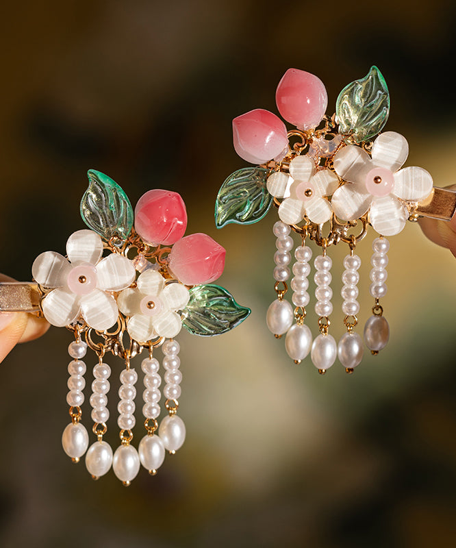 Fine White Alloy Pearl Resin Peach Tassel a Pair Hairpin