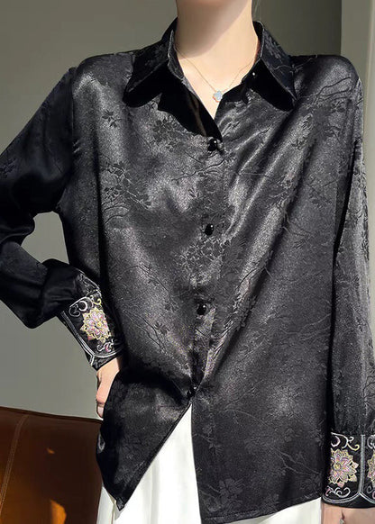 Black Print Button Silk Fall Shirt Peter Pan Collar