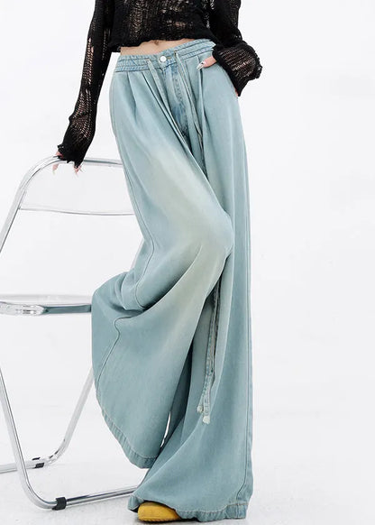 French Blue Lace Up Pockets Denim Wide Leg Pants Spring