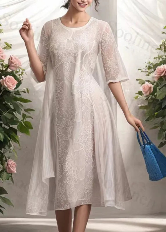 Brief Beige Lace Patchwork Fake Two Piece Silk Maxi Dress Short Sleeve