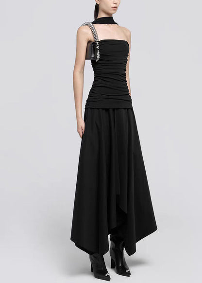 Italian Black Wrinkled Cotton Long Dress Sleeveless