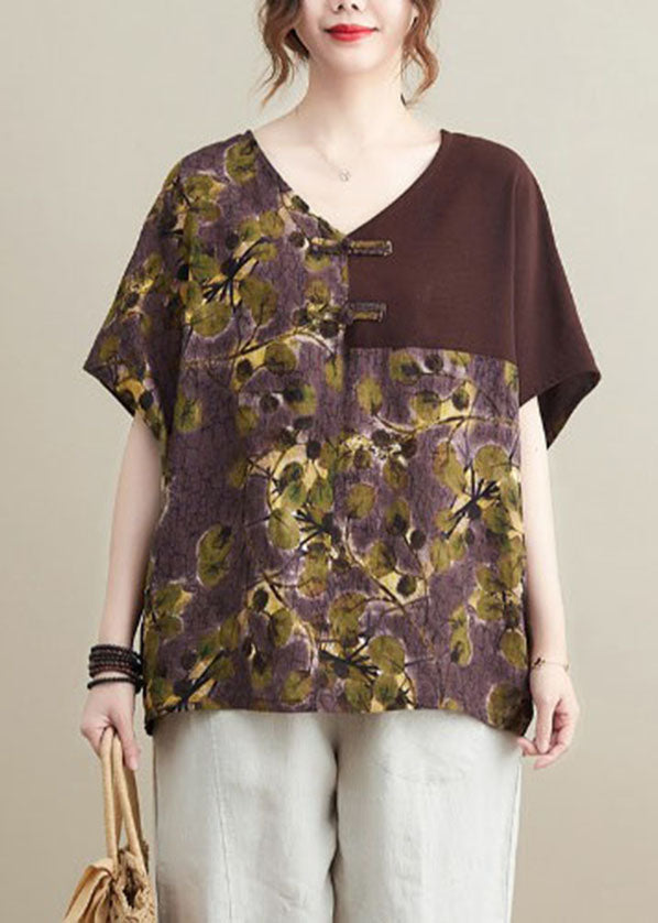 Chocolate V Neck Patchwork Print Oriental Button Cotton Tops Short Sleeve