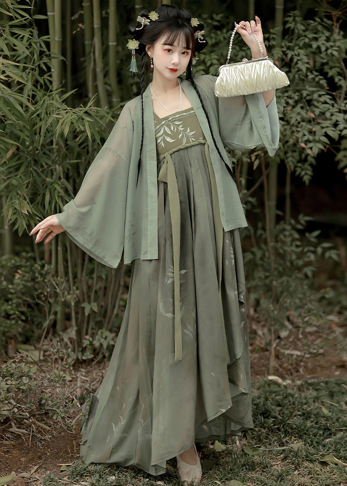 Green Embroideried Tops and Spaghetti Strap Dress Two Pieces Set Fall