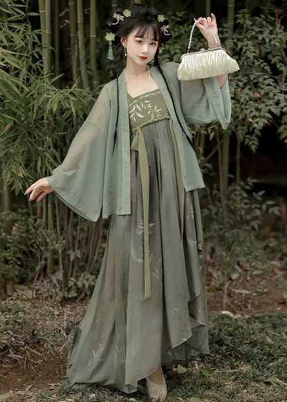 Green Embroideried Tops and Spaghetti Strap Dress Two Pieces Set Fall