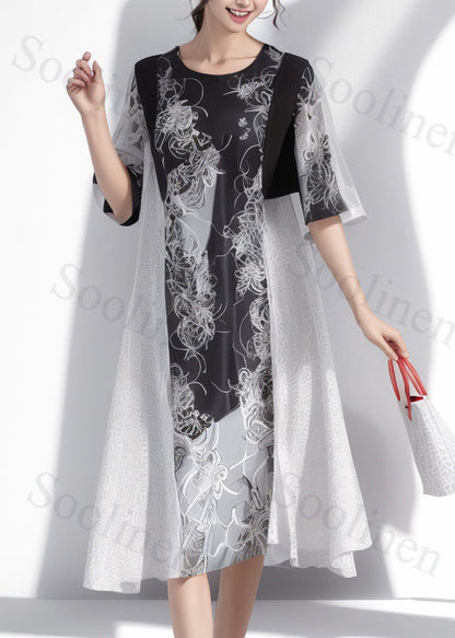 New Black Print Patchwork Silk Long Dresses Half Sleeve