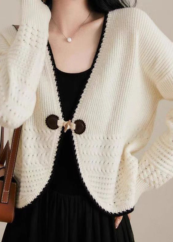 Beige V Neck Woolen Knit Cardigan Fall