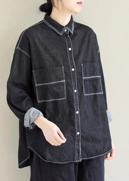Denim Black Top Silhouette Lapel Pockets Vestidos De Lino Spring Shirts