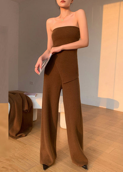 Caramel V Neck Asymmetrical Patchwork Knit Three Pieces Set Fall